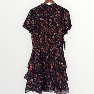 HALOGEN Floral Flutter Sleeve Ruffle Dress in Rich Black Size Large NWT